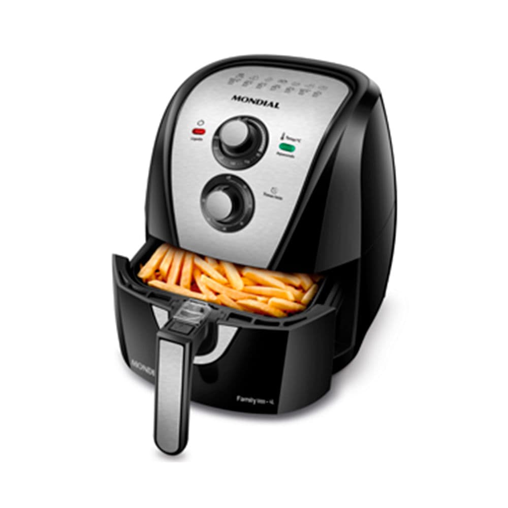 Air fryer Mondial AFN-40-BI preta e inox com o cesto aberto