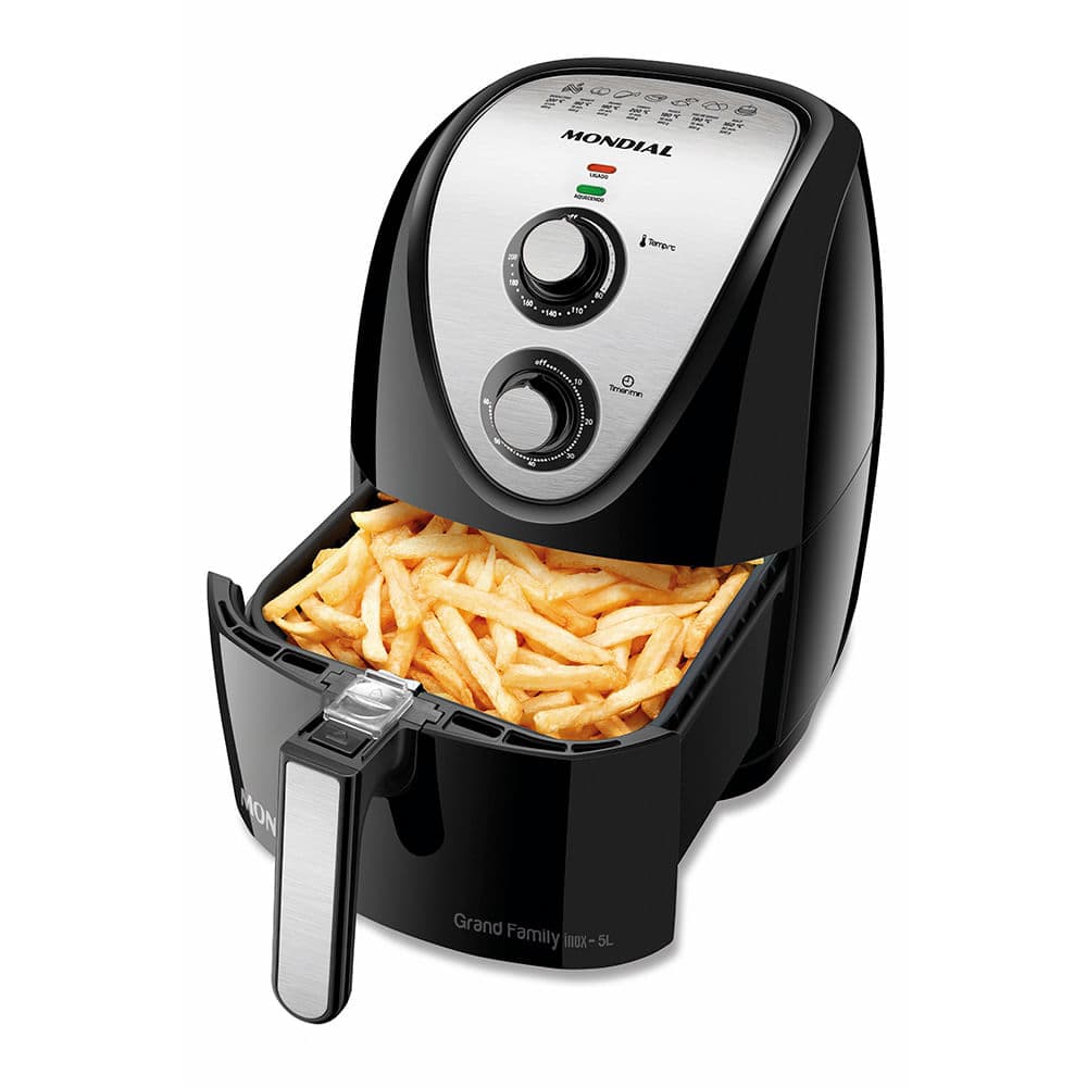 Air fryer Mondial AFN-50-BI preta e inox com o cesto aberto