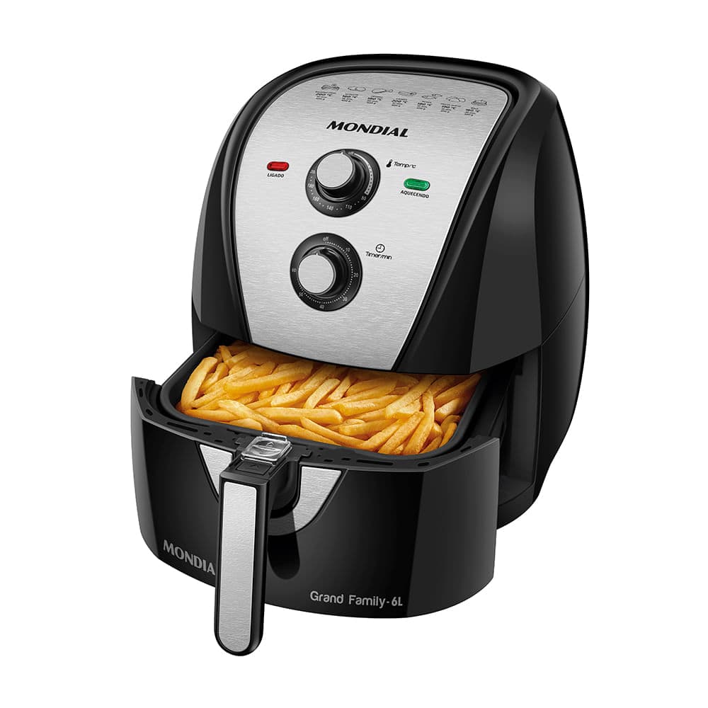 Air fryer Mondial AFN-60-BI preta e inox com o cesto aberto