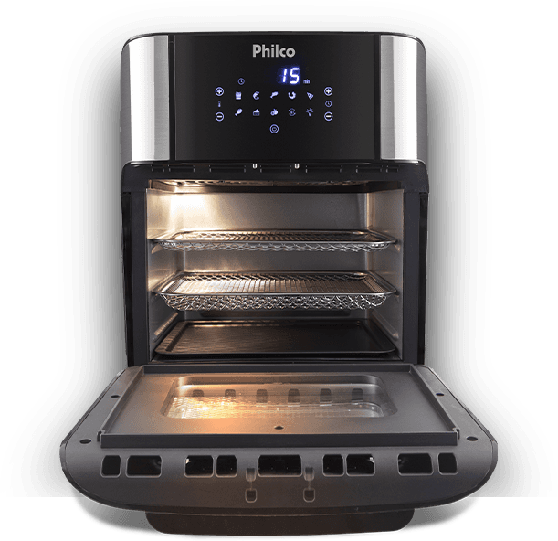 Air fryer oven Philco PFR2200P preta e inox com a porta aberta